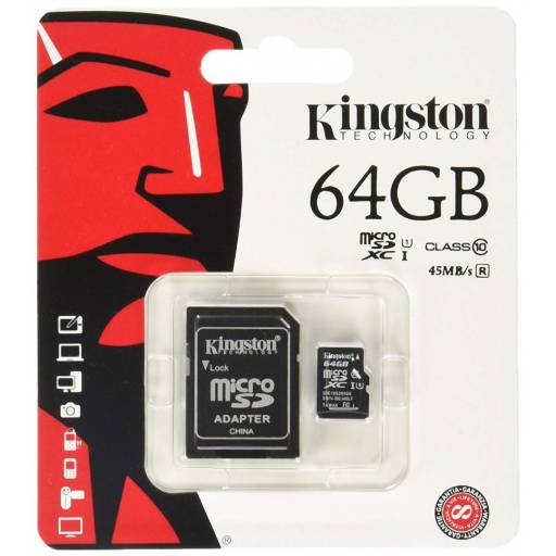 Memoria Micro SD 64GB Kingston c/adap. Class 10I U1 80mb/s
